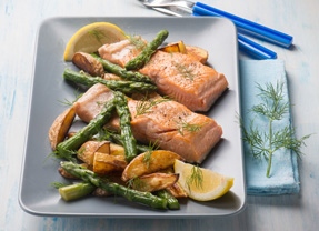 Garlic Butter Roasted Salmon with Potatoes and Asparagus