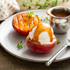 Grilled Peaches with Bourbon Caramel Sauce and Ice Cream